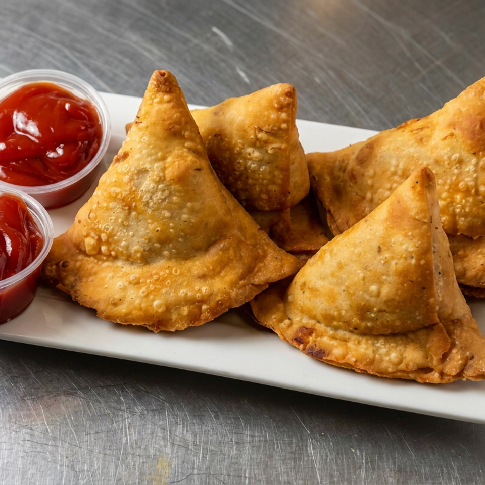 Golden fried samosas arranged on a white plate with two cups of red dipping sauce on a metal countertop.