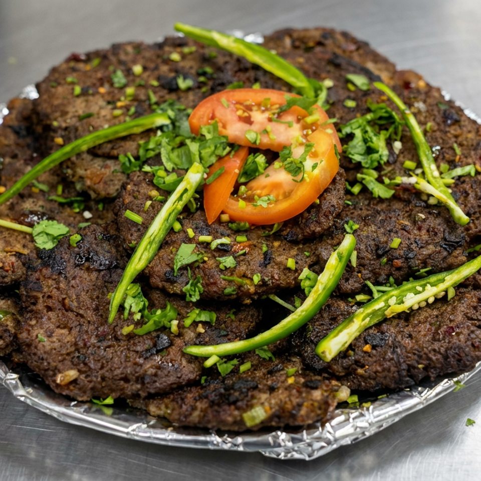 Plate of grilled minced meat patties garnished with sliced tomatoes, green chilies, and fresh cilantro.