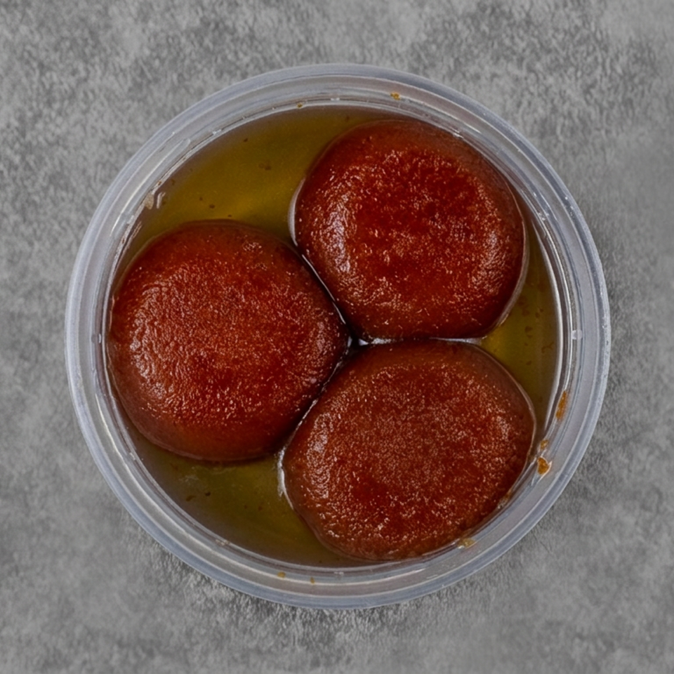 Three round reddish-brown sweets soaked in golden syrup sit in a clear plastic container on a gray surface.