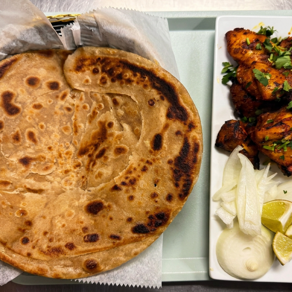 Two browned flatbreads accompany grilled chicken garnished with cilantro, sliced onions, and lime wedges on a serving tray.