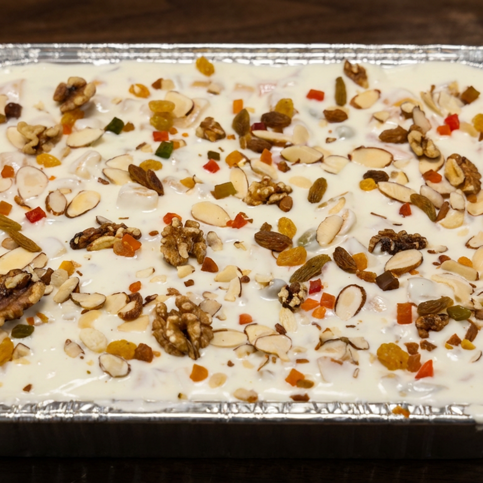 Creamy dessert topped with almonds, walnuts, raisins, and colorful candied fruit in a rectangular foil tray.