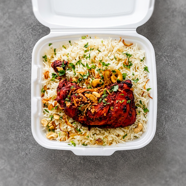 Kaju Rice, Chicken Tikka & Tomato Cut.
