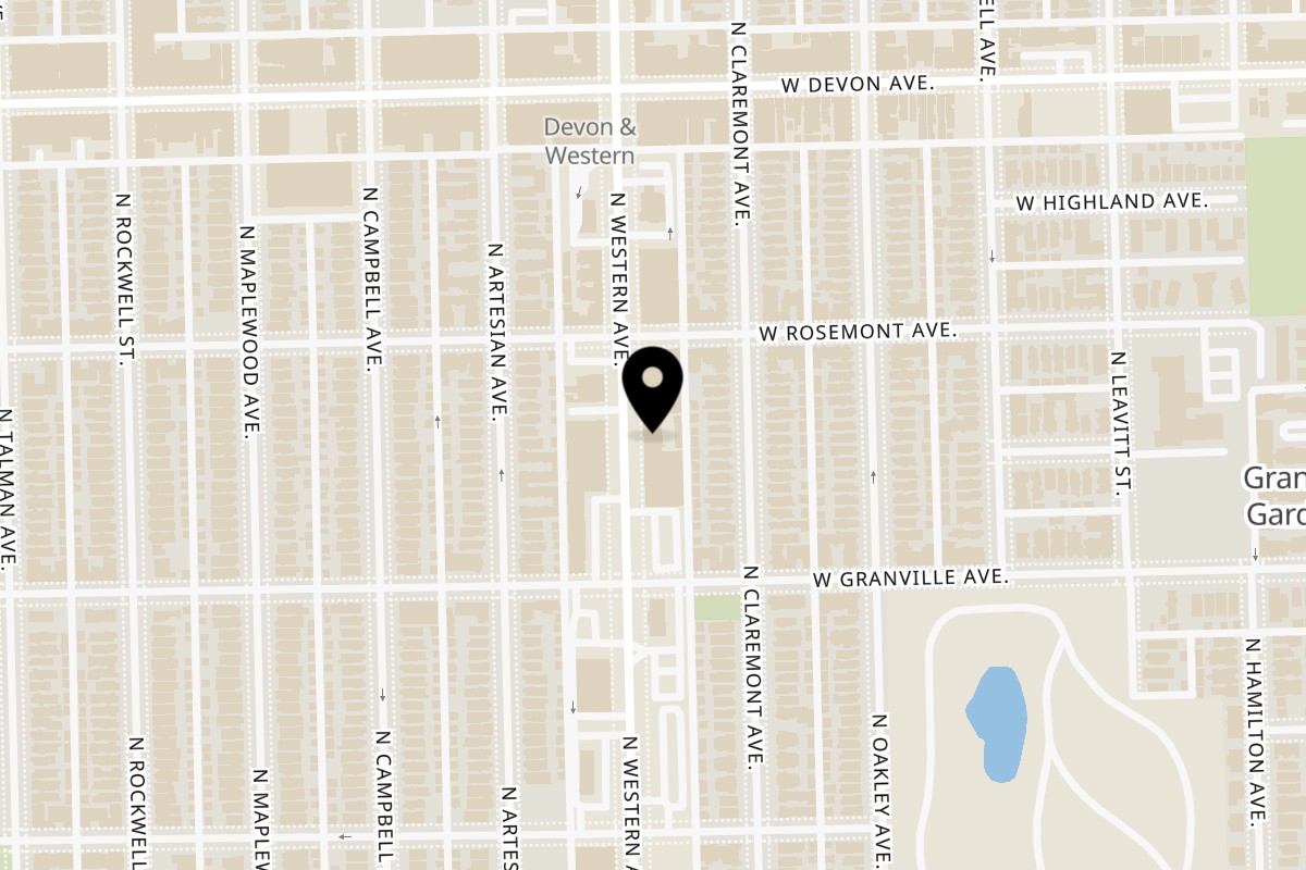 Map showing the location of Nawaz Gulshan on 6237 N Western Ave in Chicago